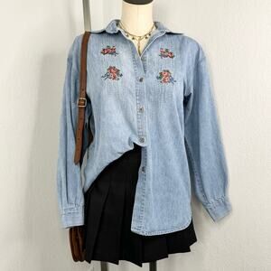 Vintage Denim Shirt with Rose Embroidered Design Cottagecore Oversized Medium